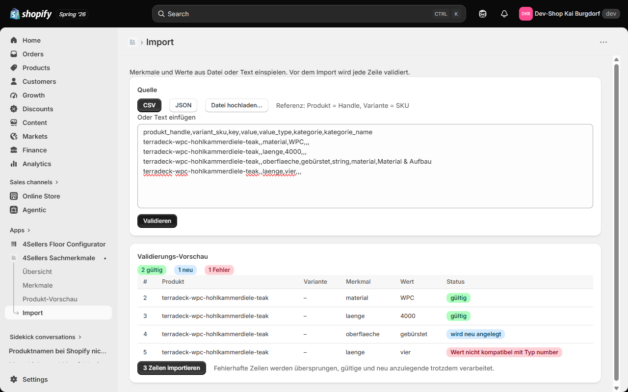 Import area with validation preview and a status badge per row