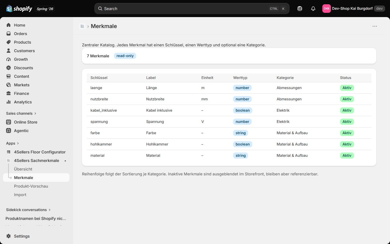 The app's attribute catalog with key, label, unit, value type, category and status