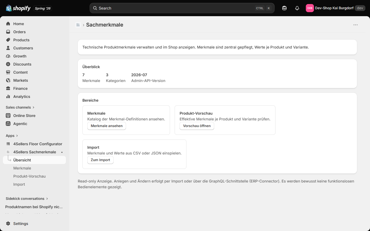 The app overview screen with key figures and areas