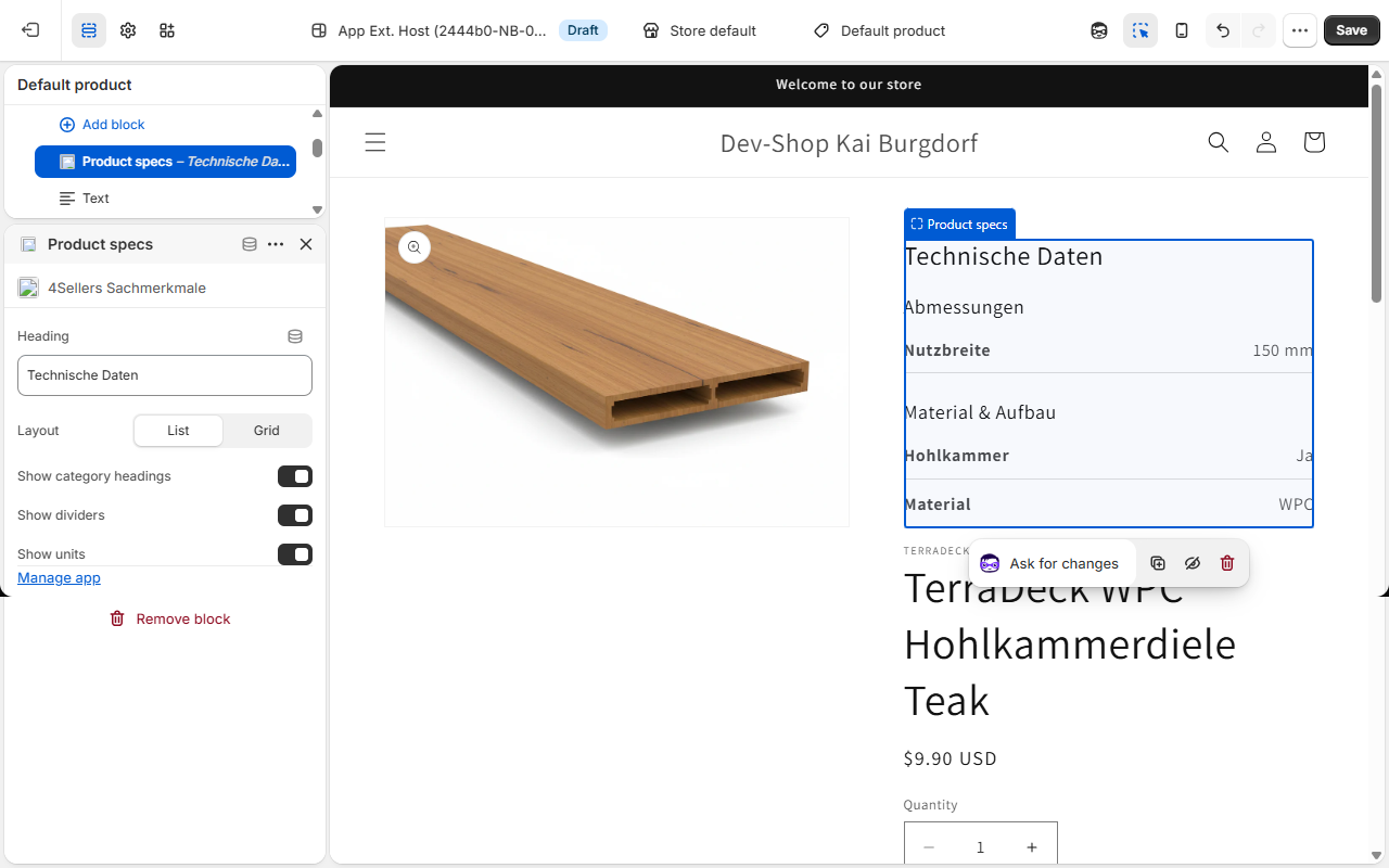 Theme-Editor mit hinzugefügtem Sachmerkmale-Block in der Vorschau